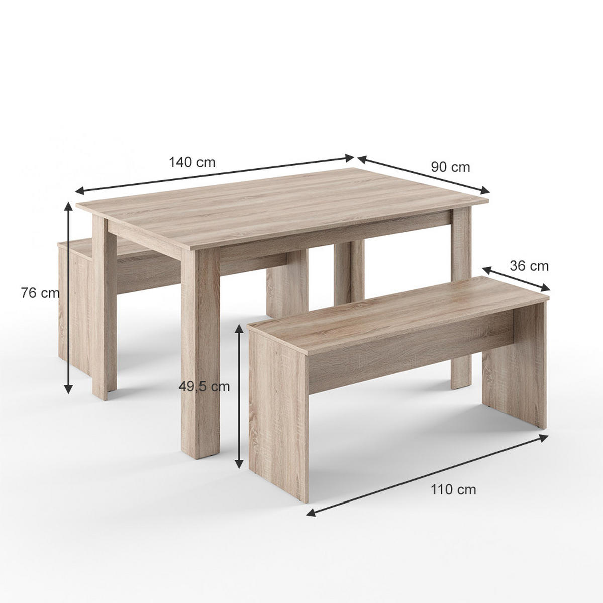 ESSTISCH SET Sentio Sonoma 90 x 140 cm mit 2 Bänken - Sonoma Eiche, Holzwerkstoff (140/76/90cm) - Vicco