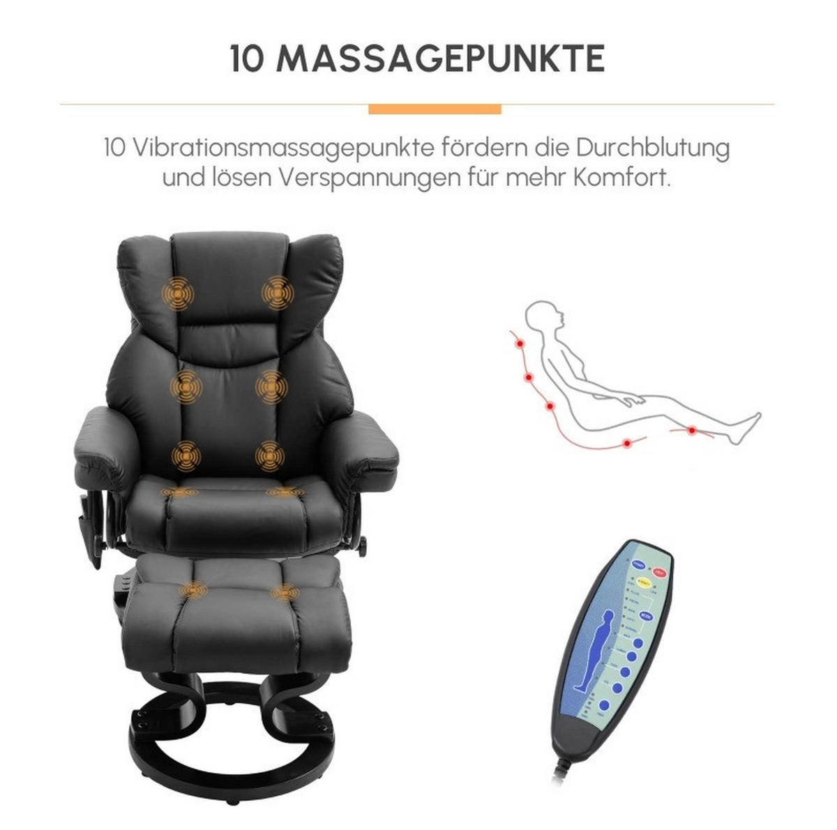 RELAXSESSEL Bonded Leather mit Massagefunktion, Hocker 79/82/101 cm Schwarz - Schwarz, Kunststoff (82/101/79cm) - Redom