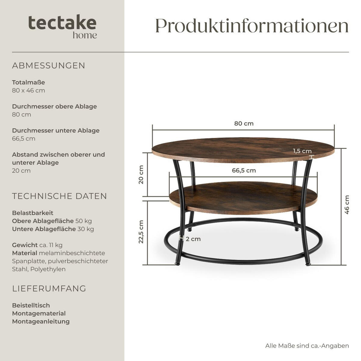 COUCHTISCH Cromford,80 x 46 cm,Industrial Holz dunkel, rustikal - Rostfarben, Holzwerkstoff (80/80/46cm) - tectake