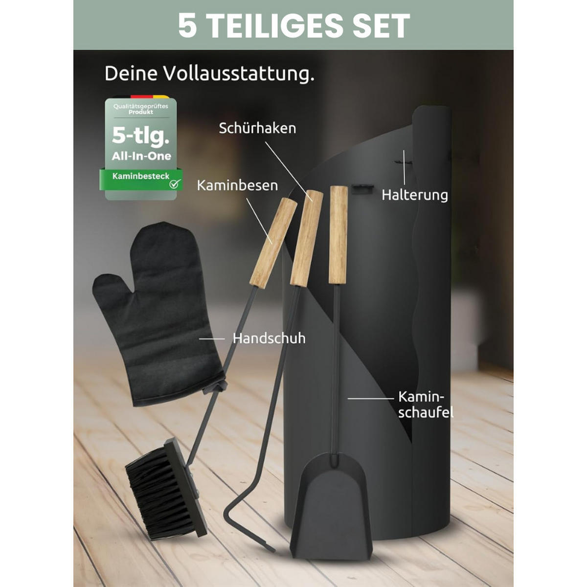 KAMINBESTECK modern IGOR 5-tlg. mit Holzgriff Schürhaken Besen Ascheschaufel Anthrazit - Anthrazit, Metall (20/50/20cm) - DELUKE