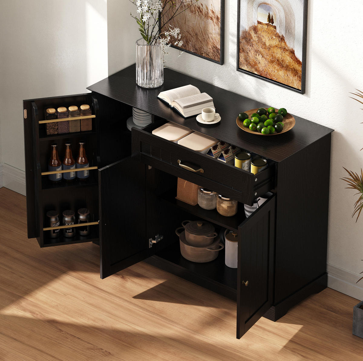 SIDEBOARD mit 3 Türen und Schublade MDF Black - Schwarz, Holzwerkstoff (107/83.4/40cm) - Meubliv