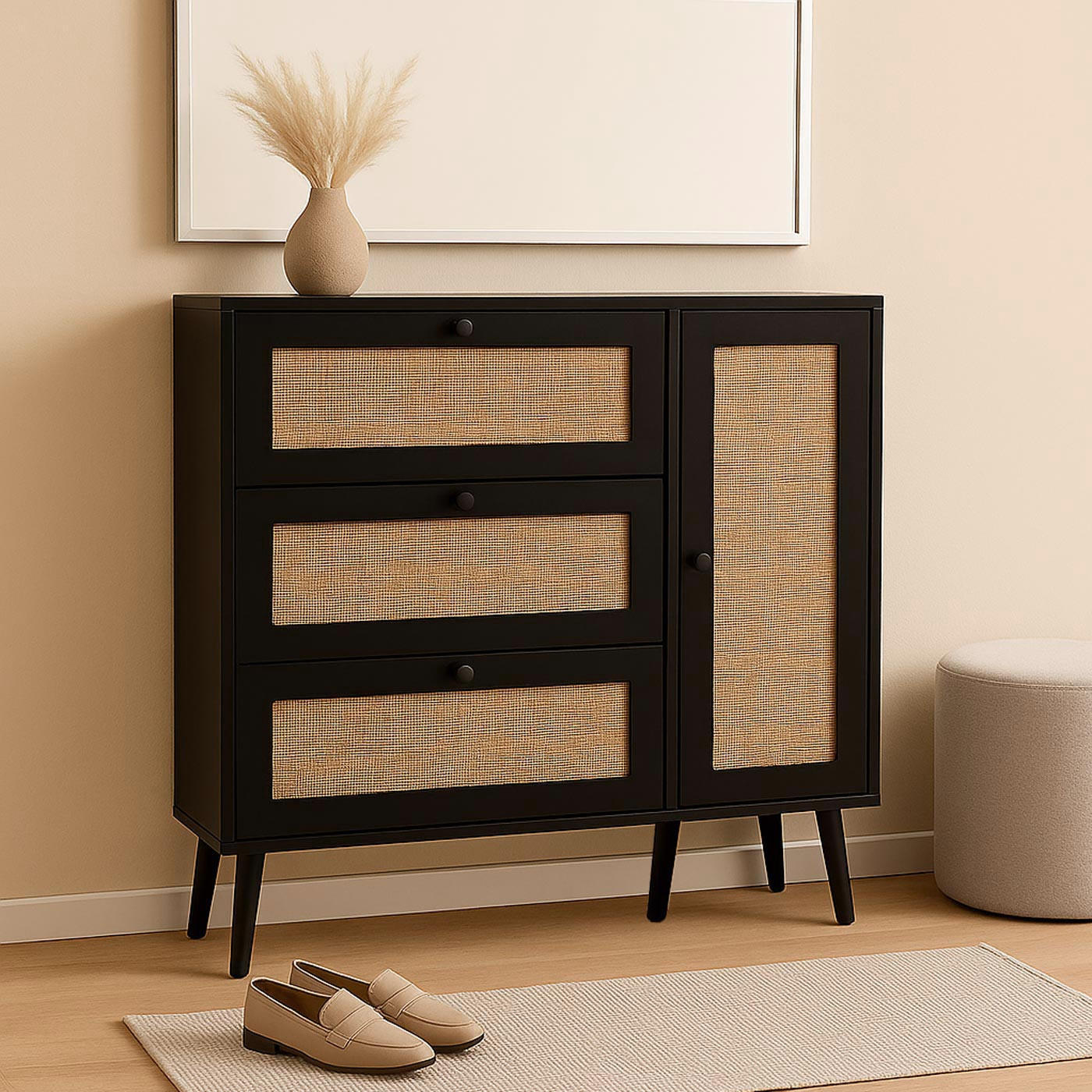 RATTAN-SCHUHKIPPER Schwarz - Schwarz, Holz (120/127/24cm) - MCW