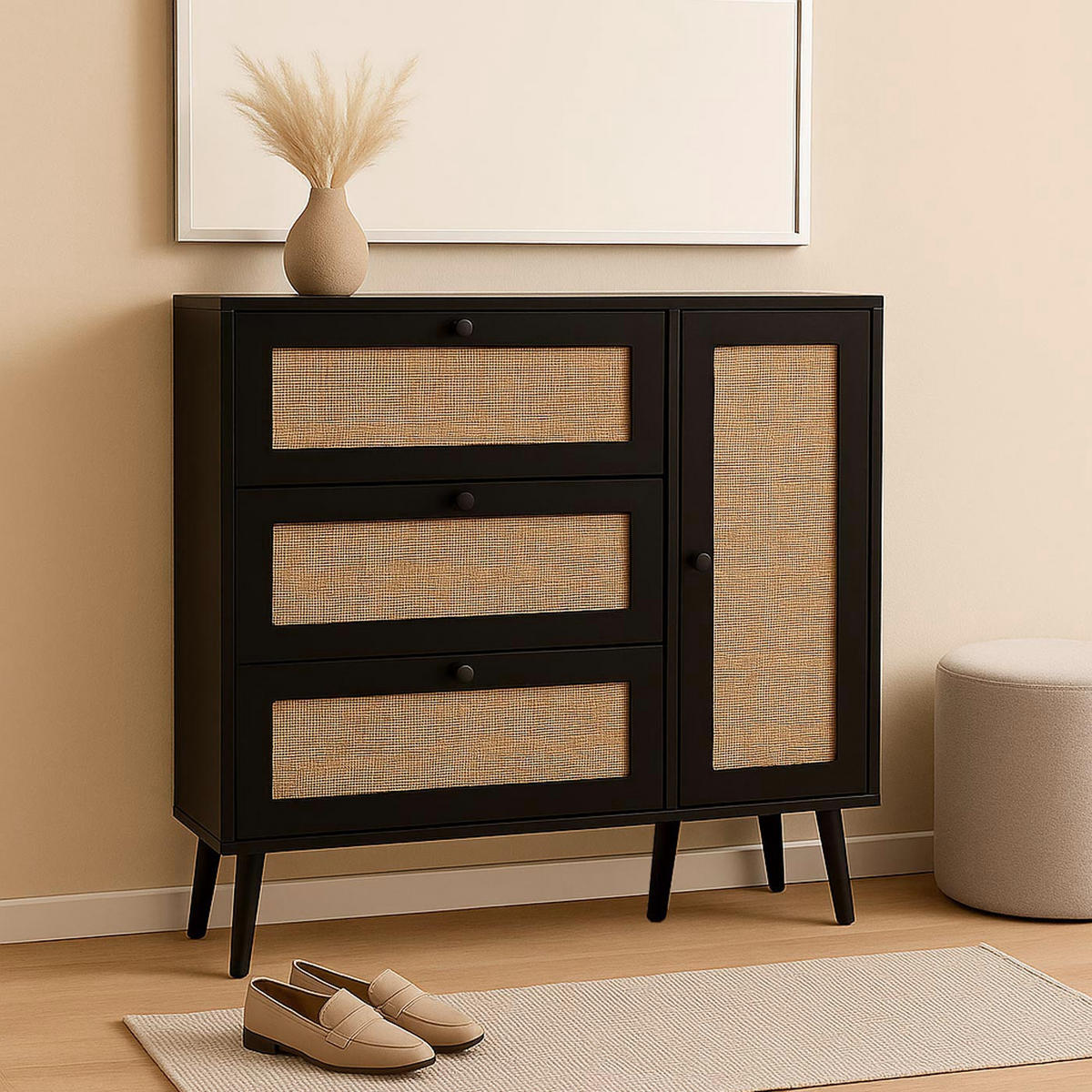RATTAN-SCHUHKIPPER Schwarz - Schwarz, Holz (120/127/24cm) - MCW
