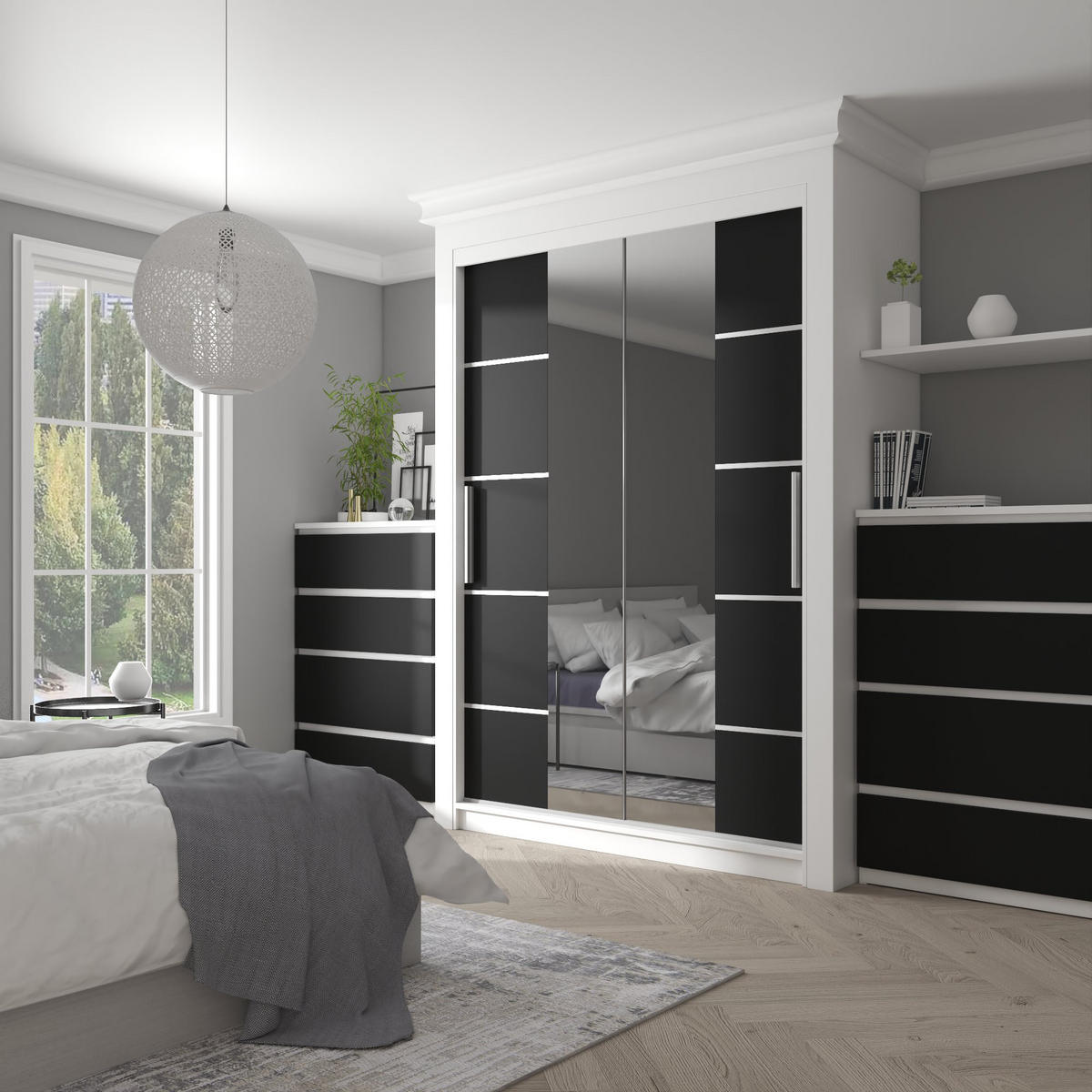 SCHWEBETÜRENSCHRANK Verona ME, Weiß/Schwarz Matt, 133 cm, mit Spiegel & Schubladen - Schwarz, Holz (133/216/60cm) - B BELINI GROUP