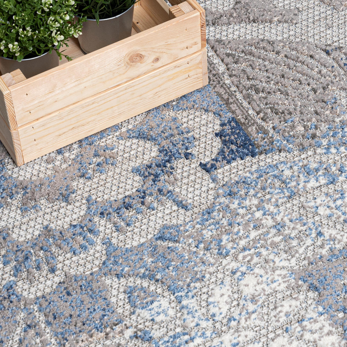 TEPPICH In-Outdoor Blau Pflanzlich Blumen - Kurzflor Rechteckig Grau - 140 x 200 cm - Blau, Textil (140/200cm) - Mazovia