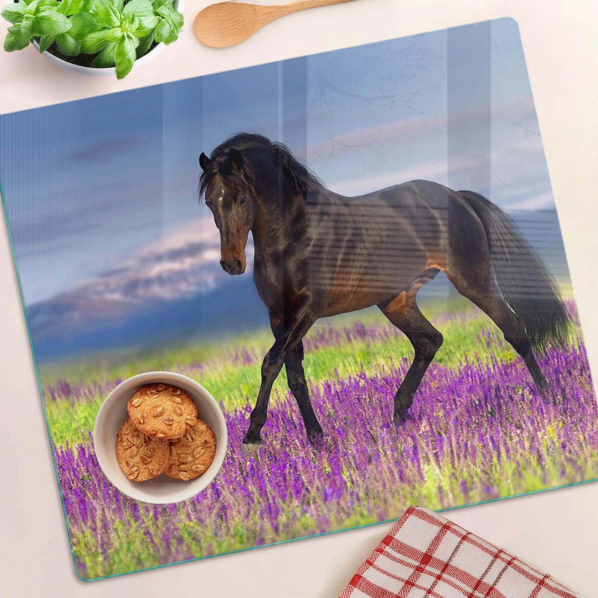 GLASPLATTE 60x52 cm Pferd Lavendelfeld - Violett, Glas (60/52cm) - TULUP