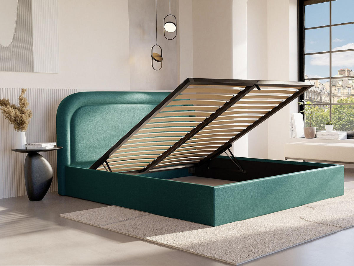 BETT mit Bettkasten - 2 Personen - Stoff - Blau - Blau, Textil (180/200cm) - Vente-Unique