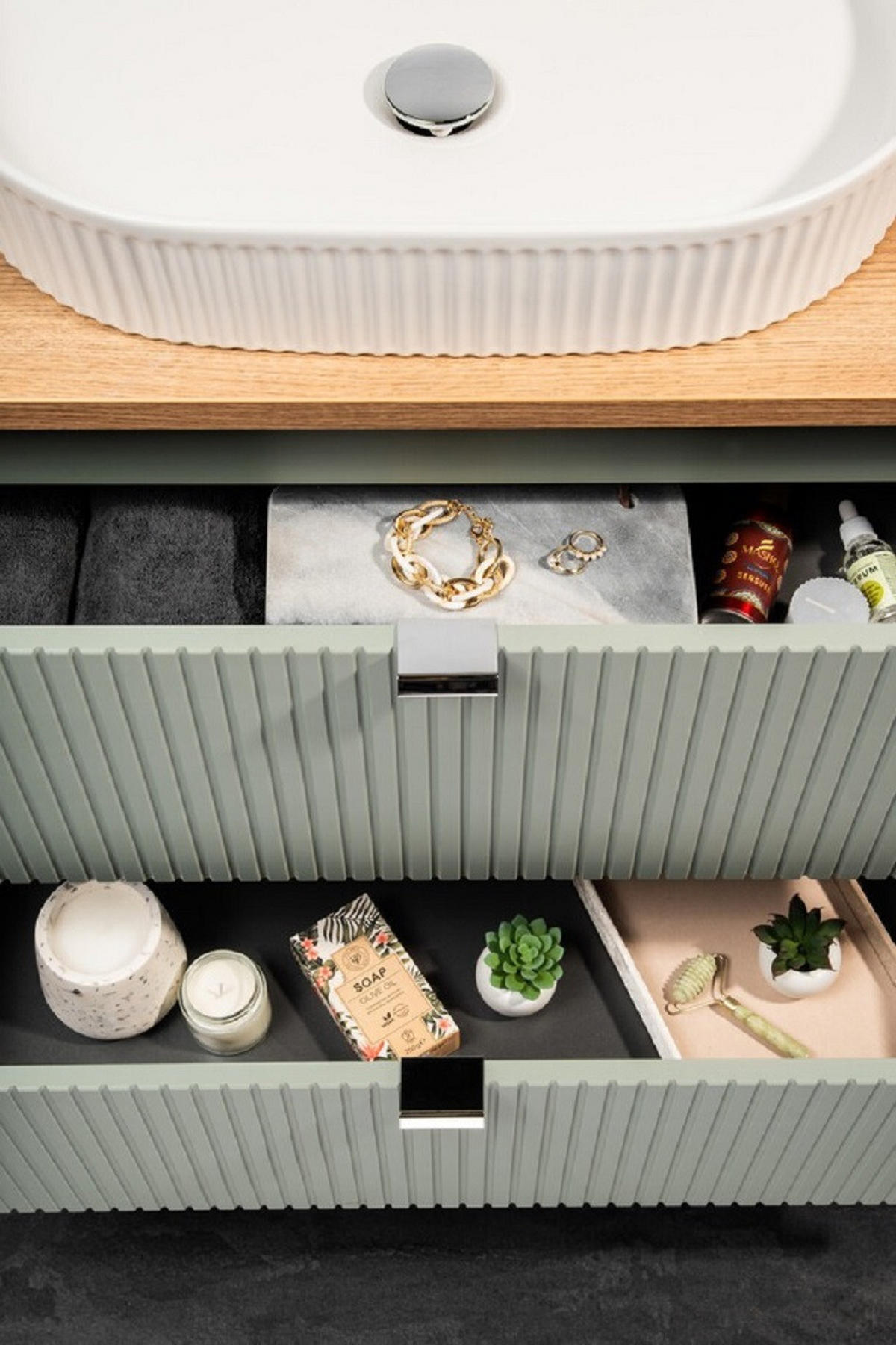 WASCHTISCHUNTERSCHRANK 50 cm 2 Teile - Line Reed Green L BM94 in Schilfgrün/ Evoke Eiche - Eiche Artisan/Grün, Holz (50/57/40cm)