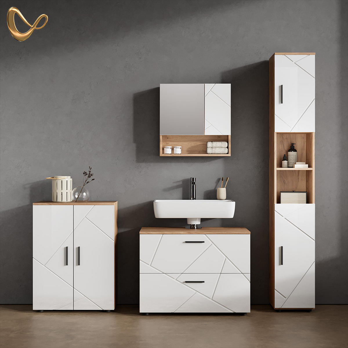 BADMÖBEL-SET Ronco Weiß Hochglanz/Goldkraft Eiche 4 Teile, mit Schubladenschrank und Midischrank - Weiß Hochglanz/Eiche Wotan, Holzwerkstoff (80/58/41cm) - Livinity®