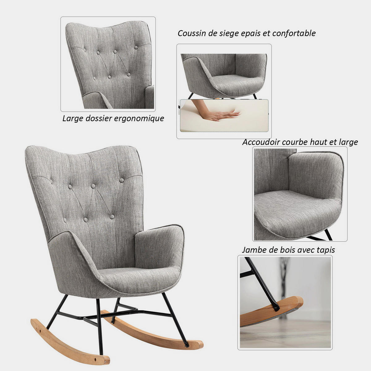 SCHAUKELSTUHL, Stoff, Hellgrau - Grau, Holz/Metall (53/98/85cm) - Meubles Cosy