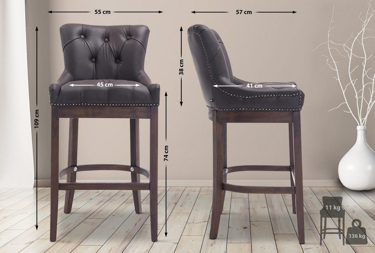 BARHOCKER Echtleder braun - Dunkelbraun/Braun, Leder/Holz (55/109/57cm) - CLP