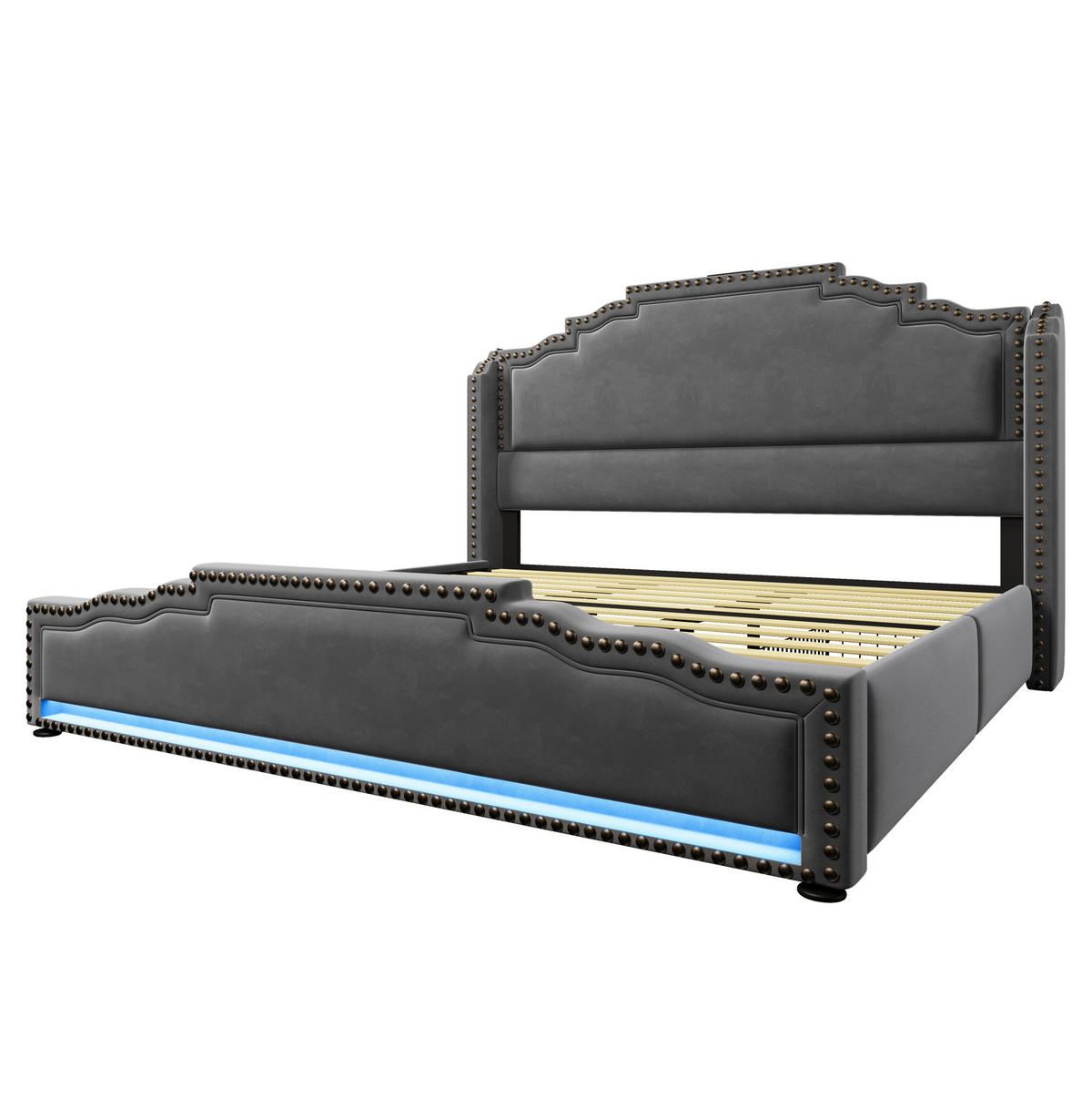 POLSTERBETT aus Samt 180x200 cm in Grau mit LED & USB-C-Ladeanschluss - Grau, Textil (180/200cm) - Modfu