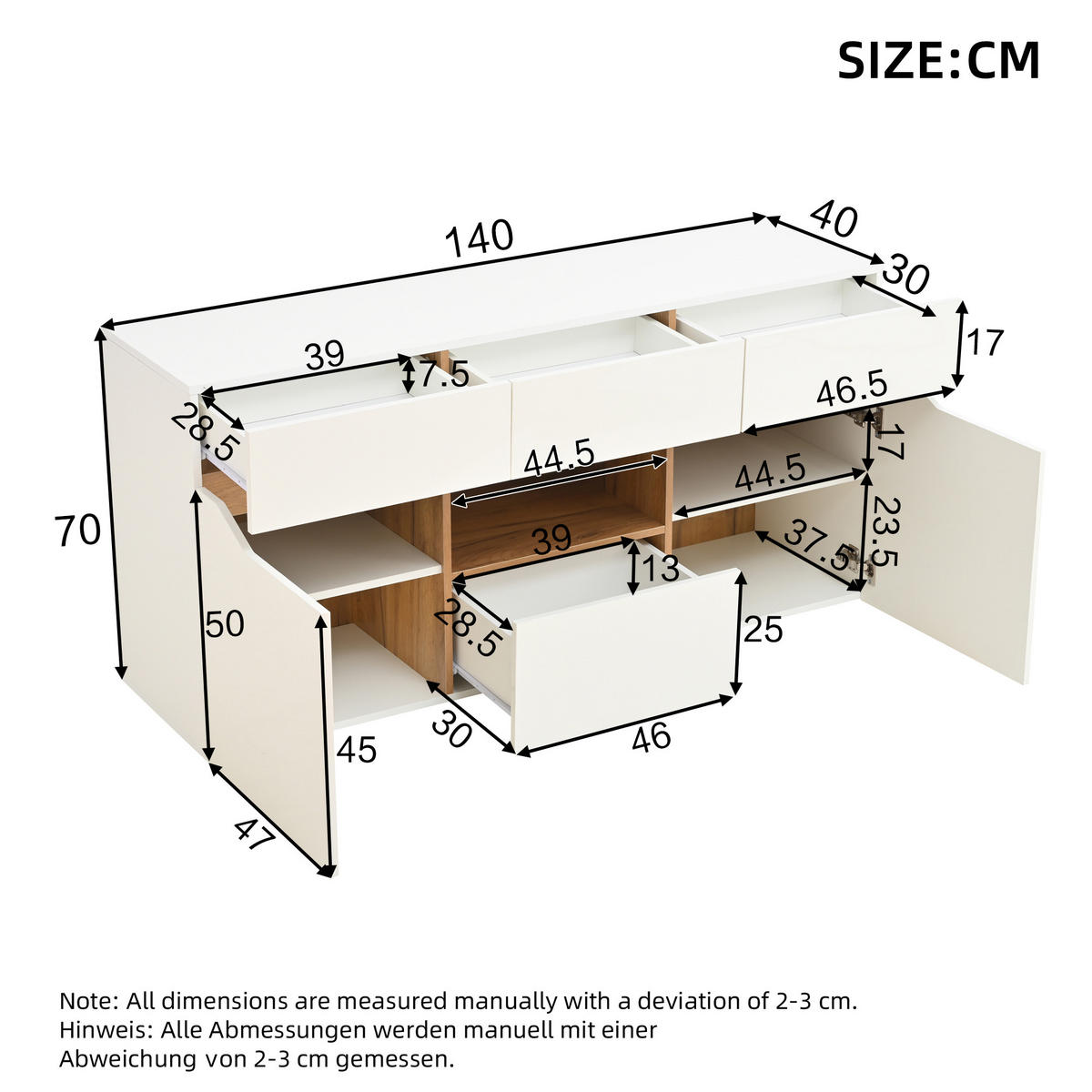 SIDEBOARD LED Weiß Holz 4 Schubladen 2 Fächer 140x40x70cm - Weiß, Holzwerkstoff (40/70/140cm) - FLIEKS