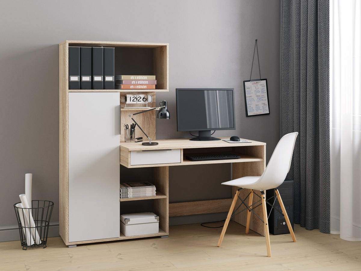 SCHREIBTISCH Sonoma Eiche, Weiß 150/149/92 - Weiß/Sonoma Eiche, Holzwerkstoff (92/150/149cm) - RAUMHIRSCH FURNITURE