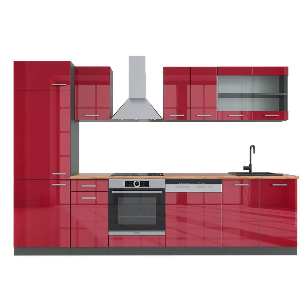 KÜCHENZEILE R-Line Bordeaux Hochglanz/Anthrazit 300 cm, AP Eiche - Bordeaux/Anthrazit, Holzwerkstoff (300/81.6/60cm) - Vicco