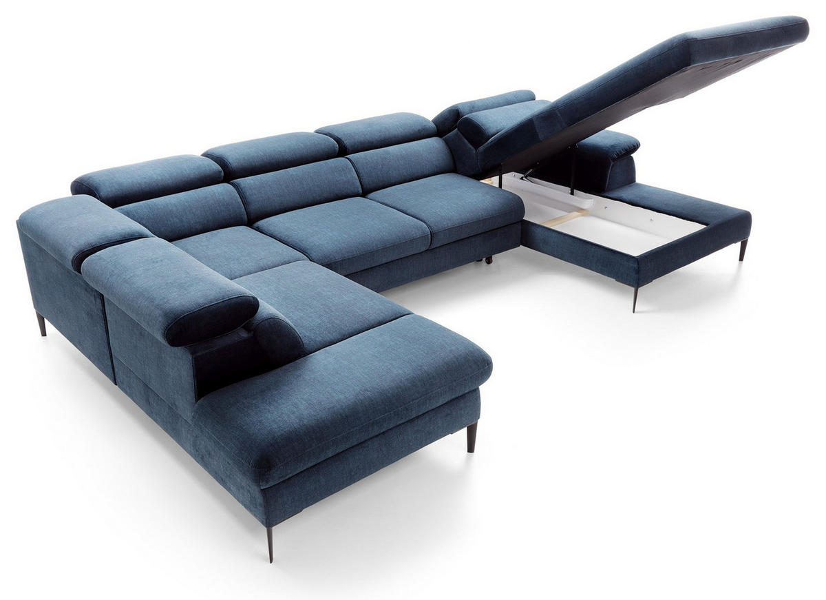 ECKSOFA U-Form 350 cm Amaro M mit Schlaffunktion, Rechts, Dunkelblau - Dunkelblau, Holz (353/214cm) - Emporius