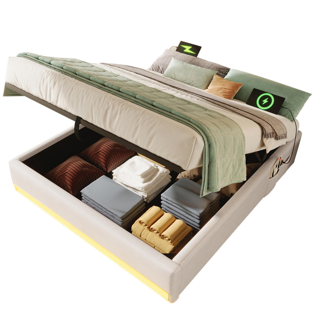 POLSTERBETT mit Leinenbezug 140x200 cm Beige mit hydraulischem Stauraum, LED-Leiste, USB und USB-C - Beige, Textil (140/200cm) - IVMEU