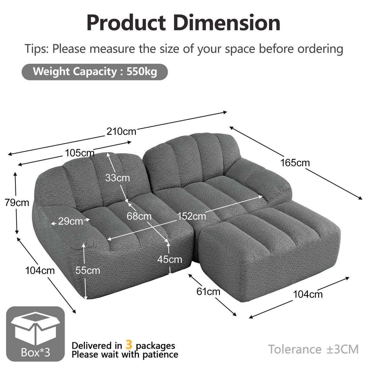 ECKSOFA 210/165/79 cm grau aus Granular Fleece ohne Montage - Grau, Textil (165/210cm) - OKWISH