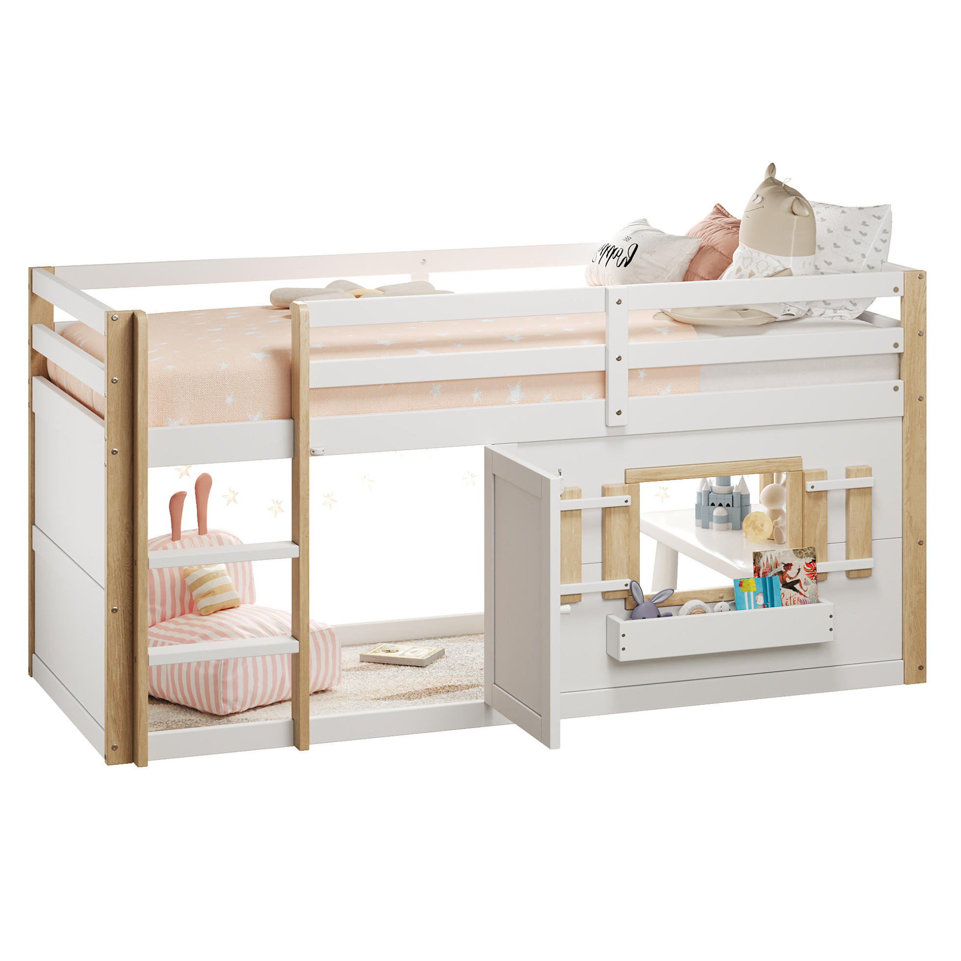 ETAGENBETT 90/200 cm weiß aus Massivholz mit Leiter und Spielfläche - Weiß, Holzwerkstoff (90/200cm) - OKWISH