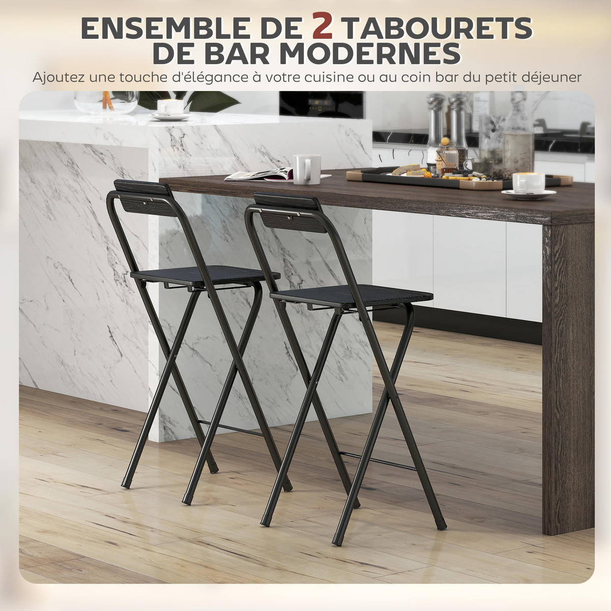 BARHOCKER 2er-Set DE-14767 klappbar mit Rückenlehne und Fußstütze Schwarz - Schwarz, Metall (37/87/45cm) - ComfortXL