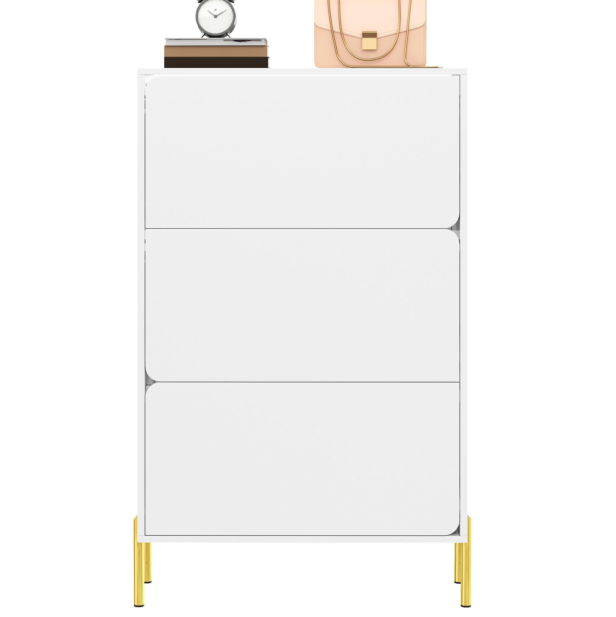 SCHUHSCHRANK 73/24/120 cm mit 3 Klappen, grifflos in Weiß mit goldfarbenen Füßen - Weiß, Holzwerkstoff (73/120/24cm) - BEAOK