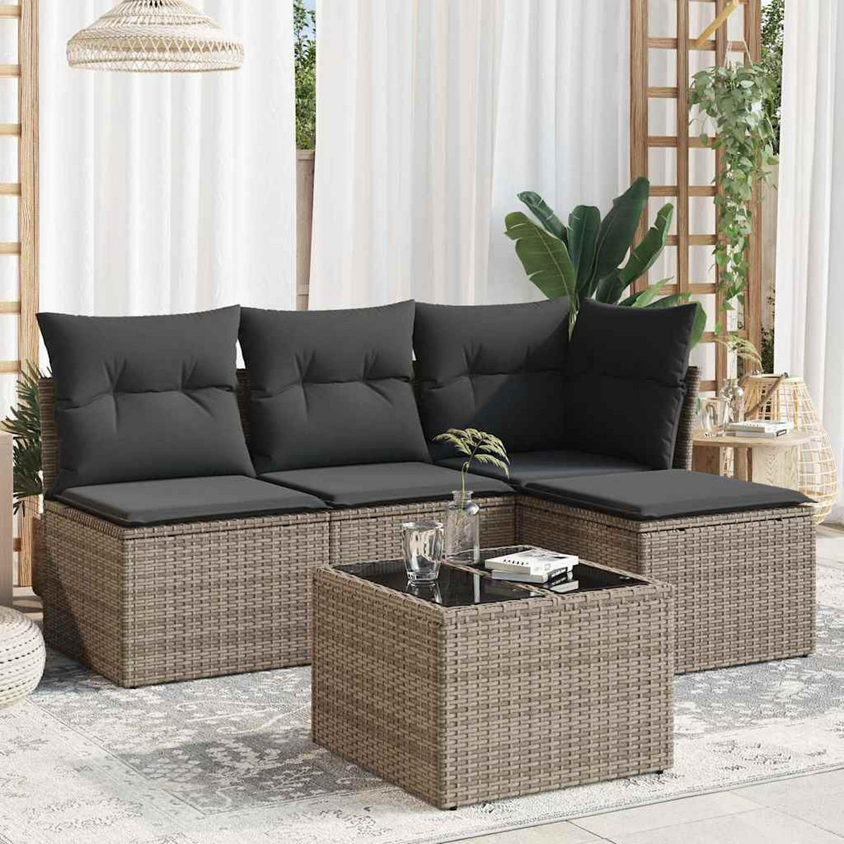 GARTEN-SOFAGARNITUR 5-TLG. Mit Kissen Grau Poly Rattan - Grau, Kunststoff - vidaXL