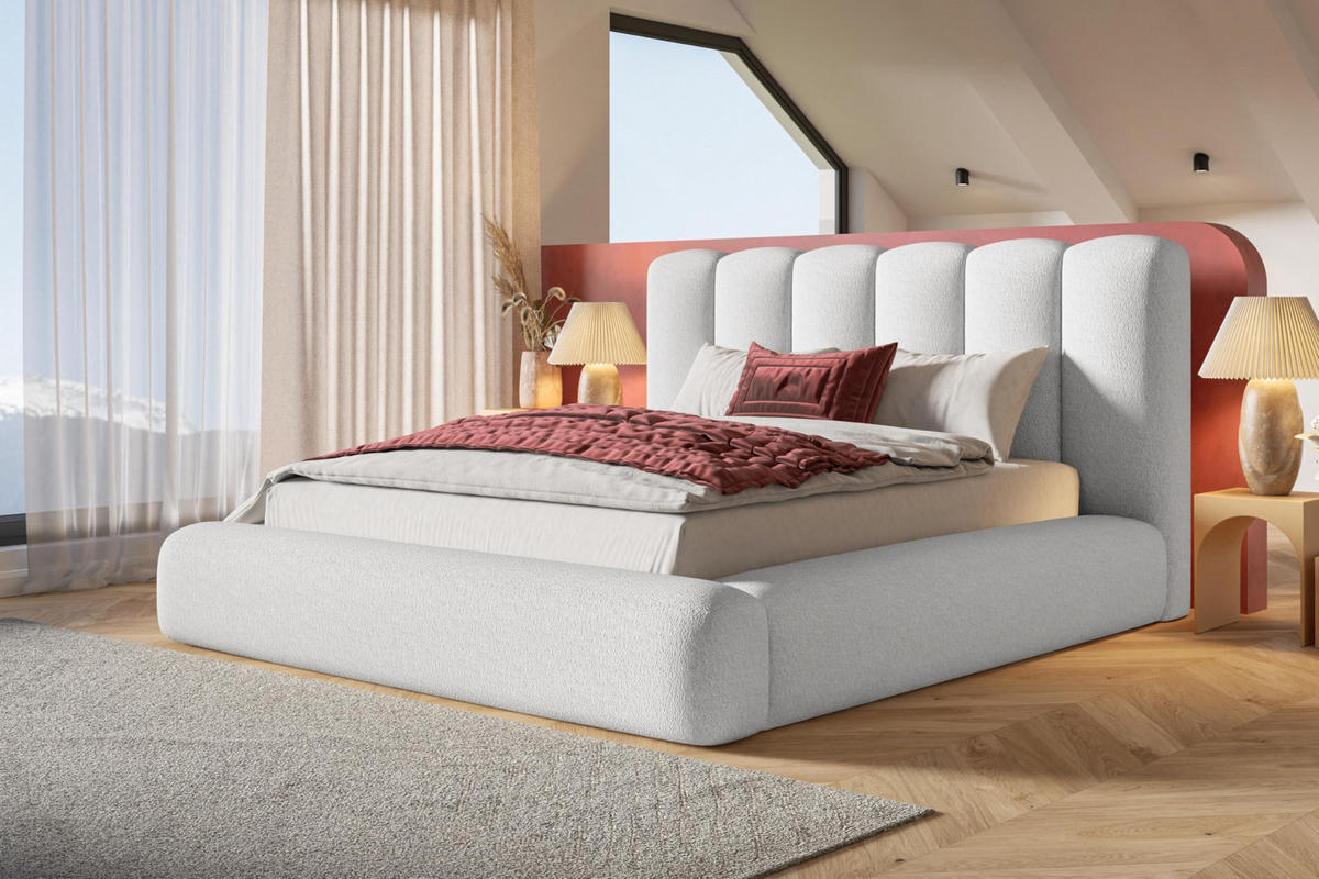 BETT 140x200 - Polsterbett mit Bettkasten und Metallrahmen - Modern Bett - Eleganter Catch Me-Stoff - Kollektion Alva Maxi - Weiß - Weiß, Holz/Textil (140/200cm) - Alpi-Möbel