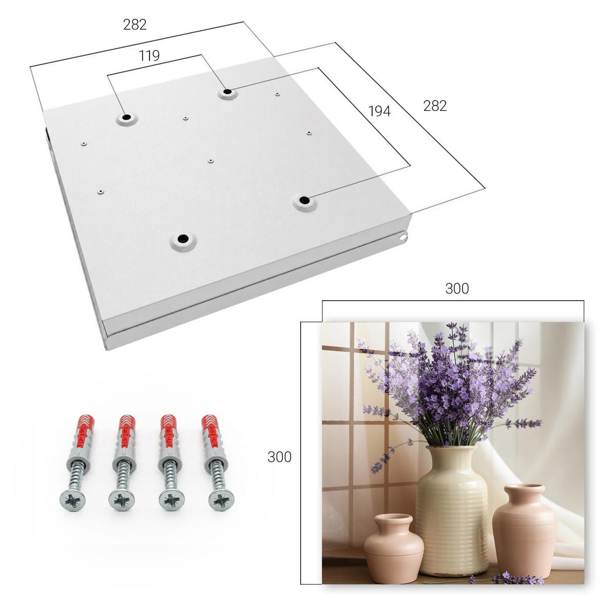 SCHLÜSSELBOX Weiß 30x30 cm – Türöffnung nach rechts - Blumen in einer Vase - Lila, Metall (30/30/5cm) - TULUP