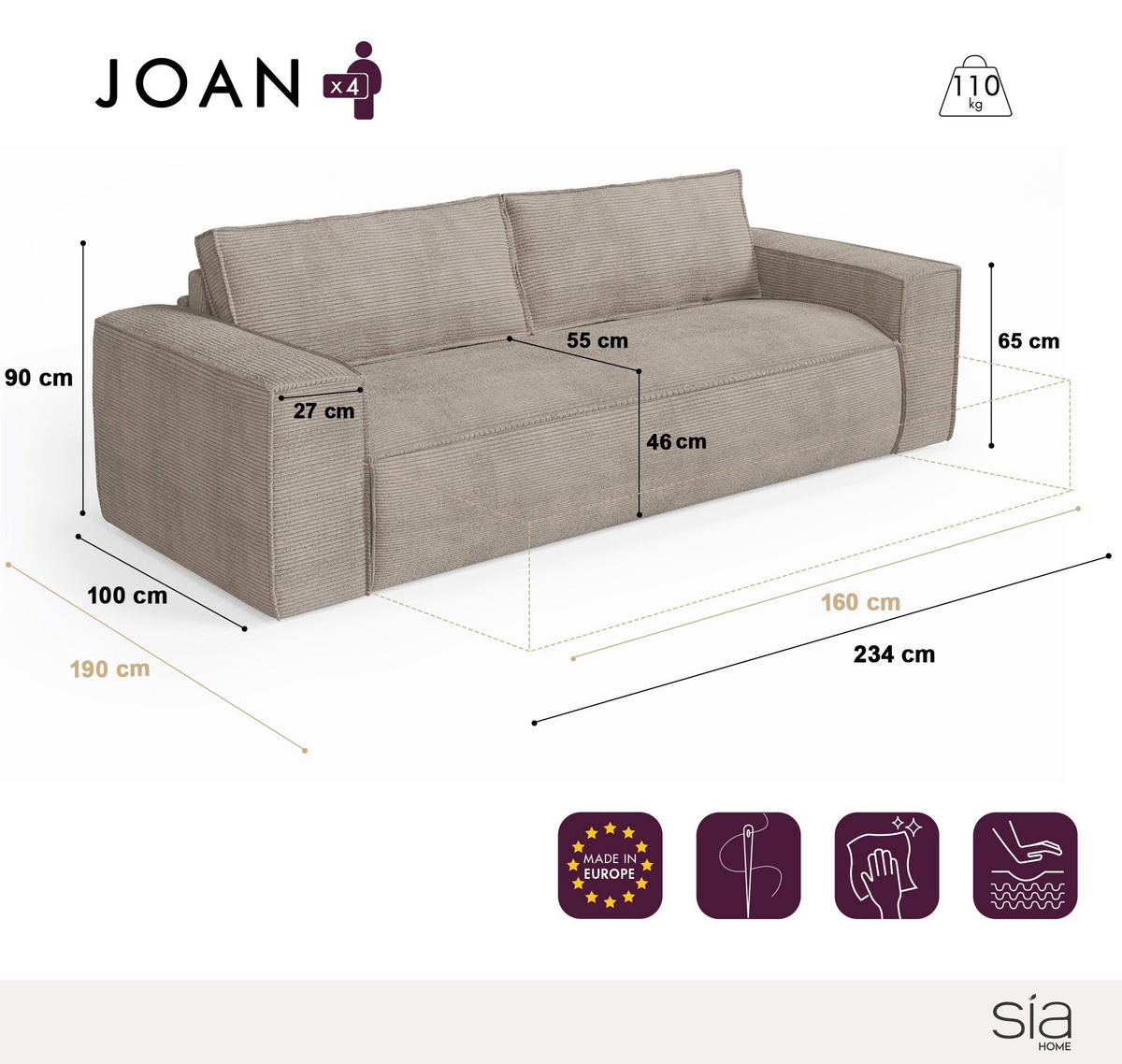 SCHLAFSOFA EXPRESS Dunlopillo Kordstoff taupe 160 cm - Taupe, Textil (234/90/100cm) - Sia Home