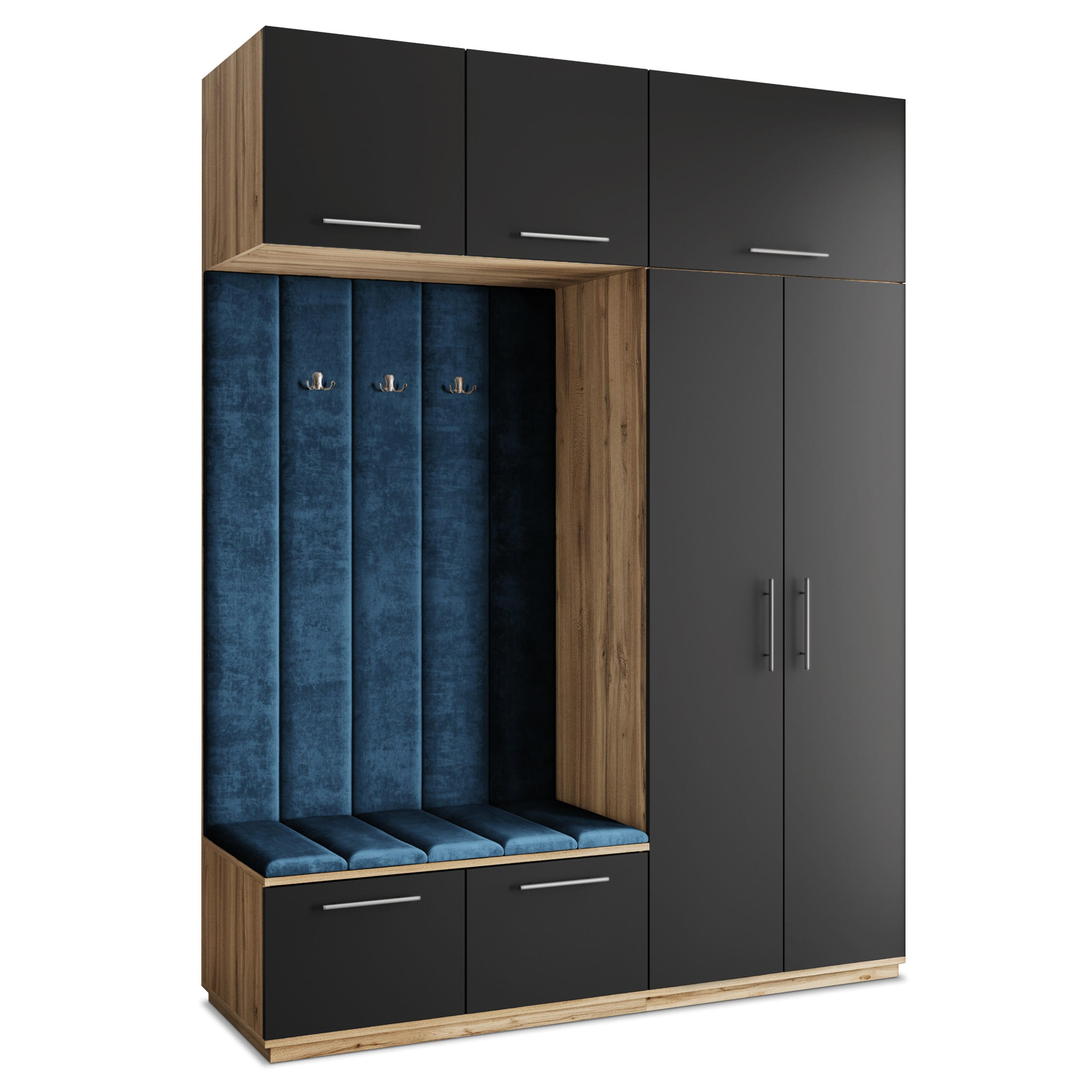 Masseno Garderobenschrank Eiche Wotan, Schwarz, Blau 180x240x60 cm