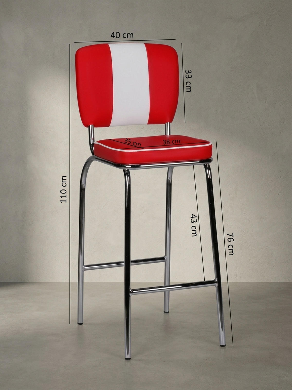 BARHOCKER Kunstleder Chromfuß Retro, Rot 40x38x110 cm - Rot/Silberfarben, Kunststoff/Textil (40/110/38cm) - KADIMA DESIGN