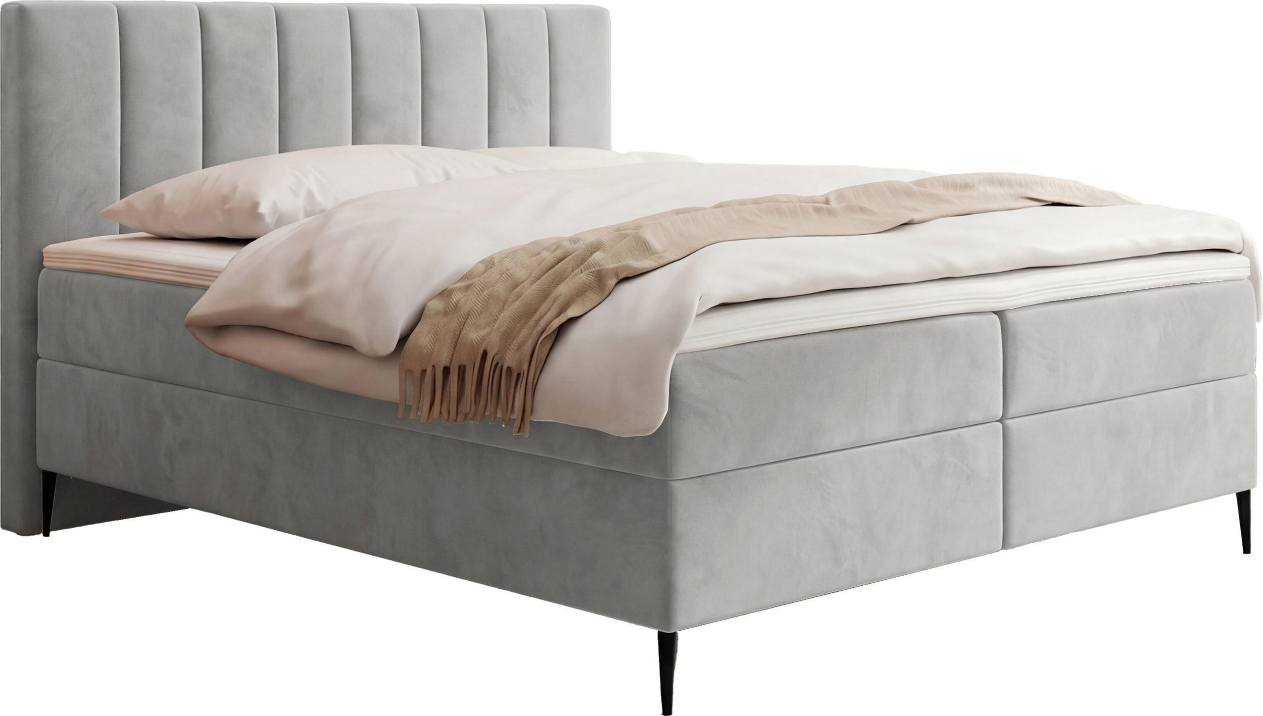 BOXBETT Allen mit Bettkasten, Samt Hellgrau 140x200 cm – inkl. H4 Taschenfederkern Matratze & Foam Topper - Hellgrau/Schwarz, Holz/Holzwerkstoff (140/200cm) - WFL GROUP