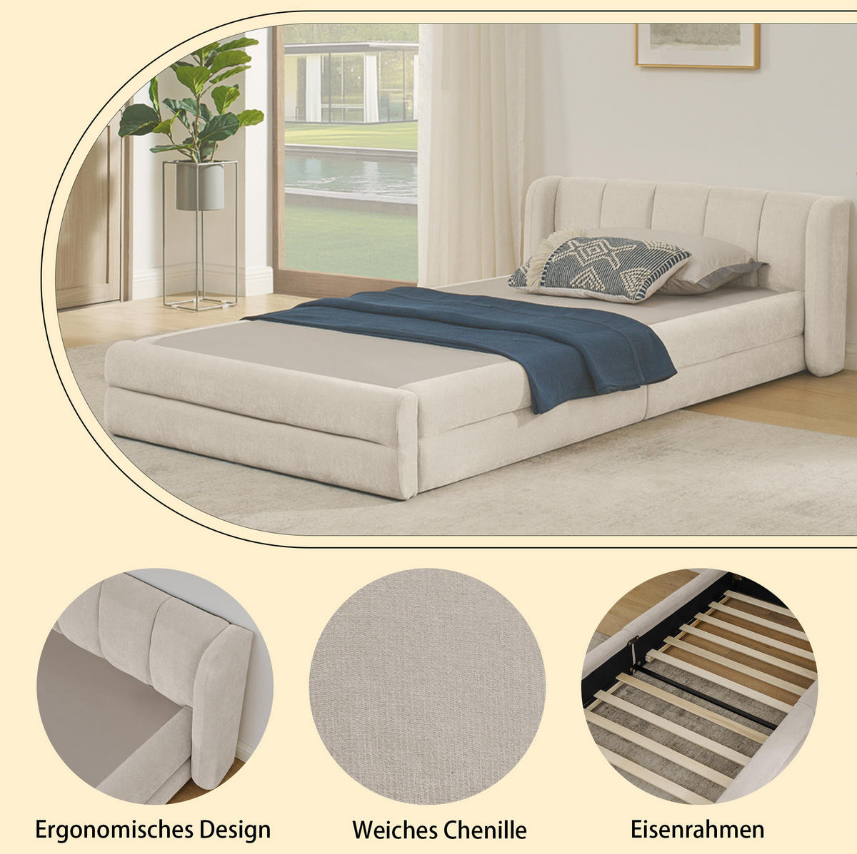 POLSTERBETT 90/200 cm mit ergonomischem Kopfteil und Chenillebezug, Beige - Beige, Kunststoff (90/200cm) - Redom
