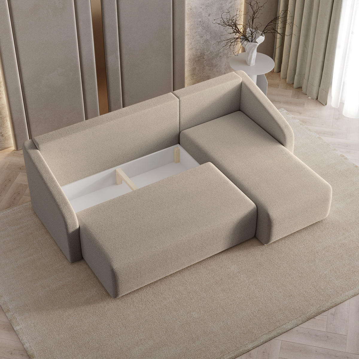 ECKSOFA MARELLO Beige Boucle-Stoff mit Schlaffunktion - Beige, Holz (220/143cm) - MASSENO