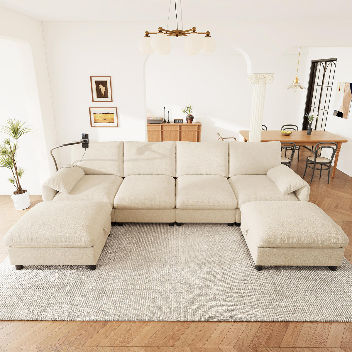 SCHLAFSOFA mit 6 Sitzen, Stauraum-Hockern, USB/Type-C und Handyhalter,Beige - Beige, Textil (273.5/81/133cm) - EVRYAE
