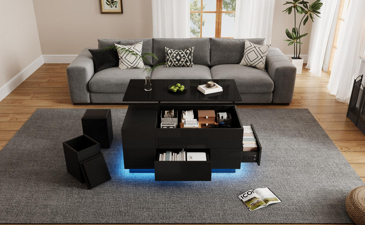 COUCHTISCH 100/50/45 cm höhenverstellbar mit LED, 2 Schubladen, 2 Hockern und Stauraum aus Spanplatte, Schwarz - Schwarz, Holzwerkstoff (100/50/45cm) - Redom