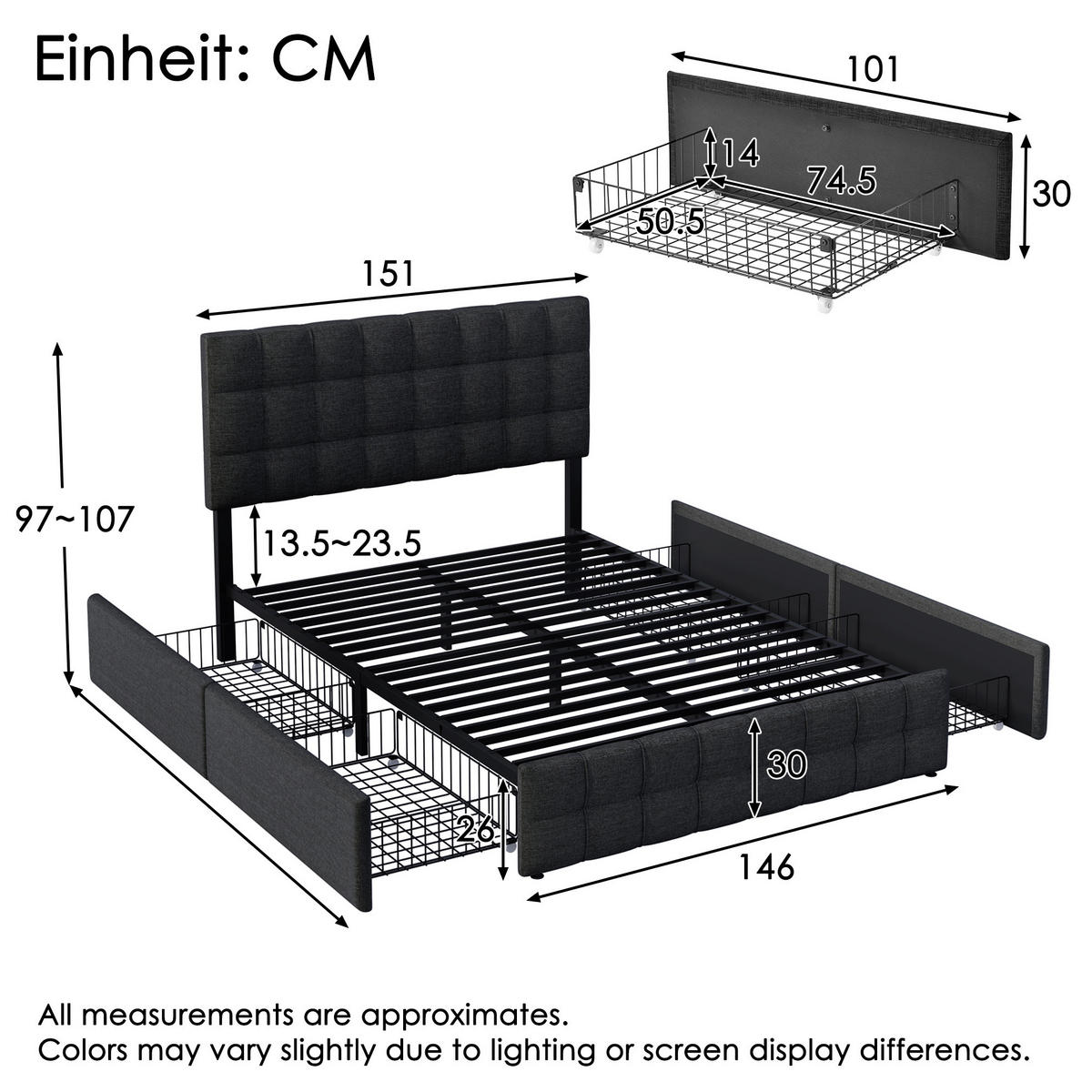 ČALÚNENÁ posteľ 210/146/97–107 cm, čierna, ľanový poťah so 4 zásuvkami a nastaviteľným čelom - čierna, textil (140/200cm) - BEAOK