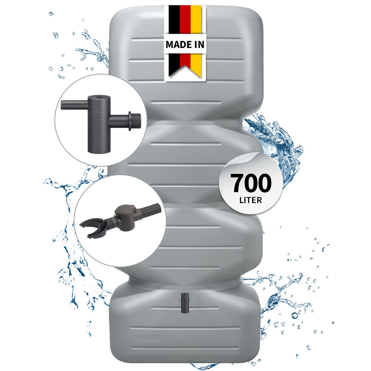 REGENTONNE Komplett-Set 700 L, betongrau inkl. Kunststoff-Auslaufhahn und Fallrohranschluss - Grau, Kunststoff (60/179/80cm) - GARANTIA