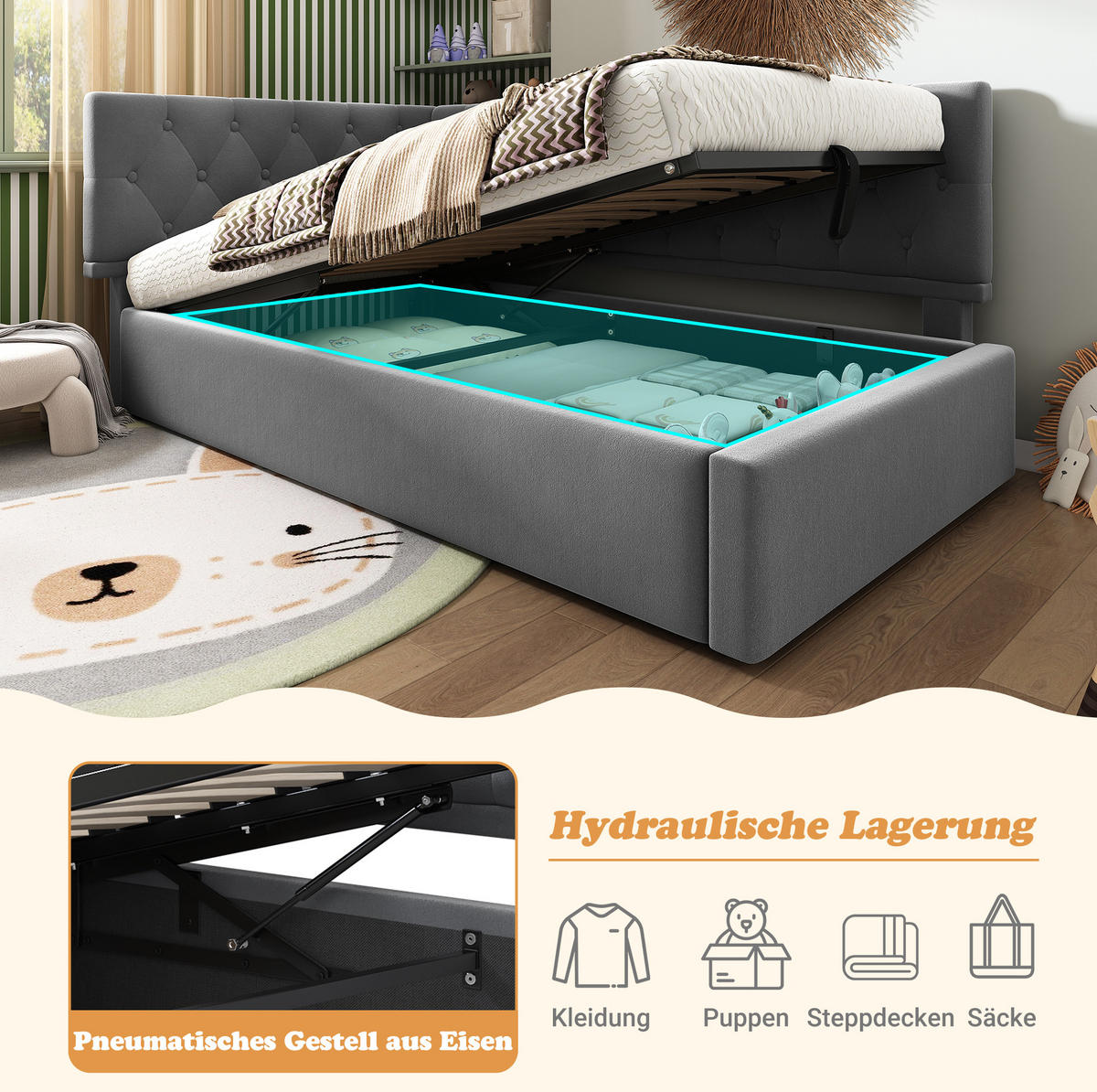 POLSTERBETT 90/200 cm mit hydraulischem Bettkasten, L-Form-Design, Samt Grau - Grau, Textil (90/200cm) - Redom