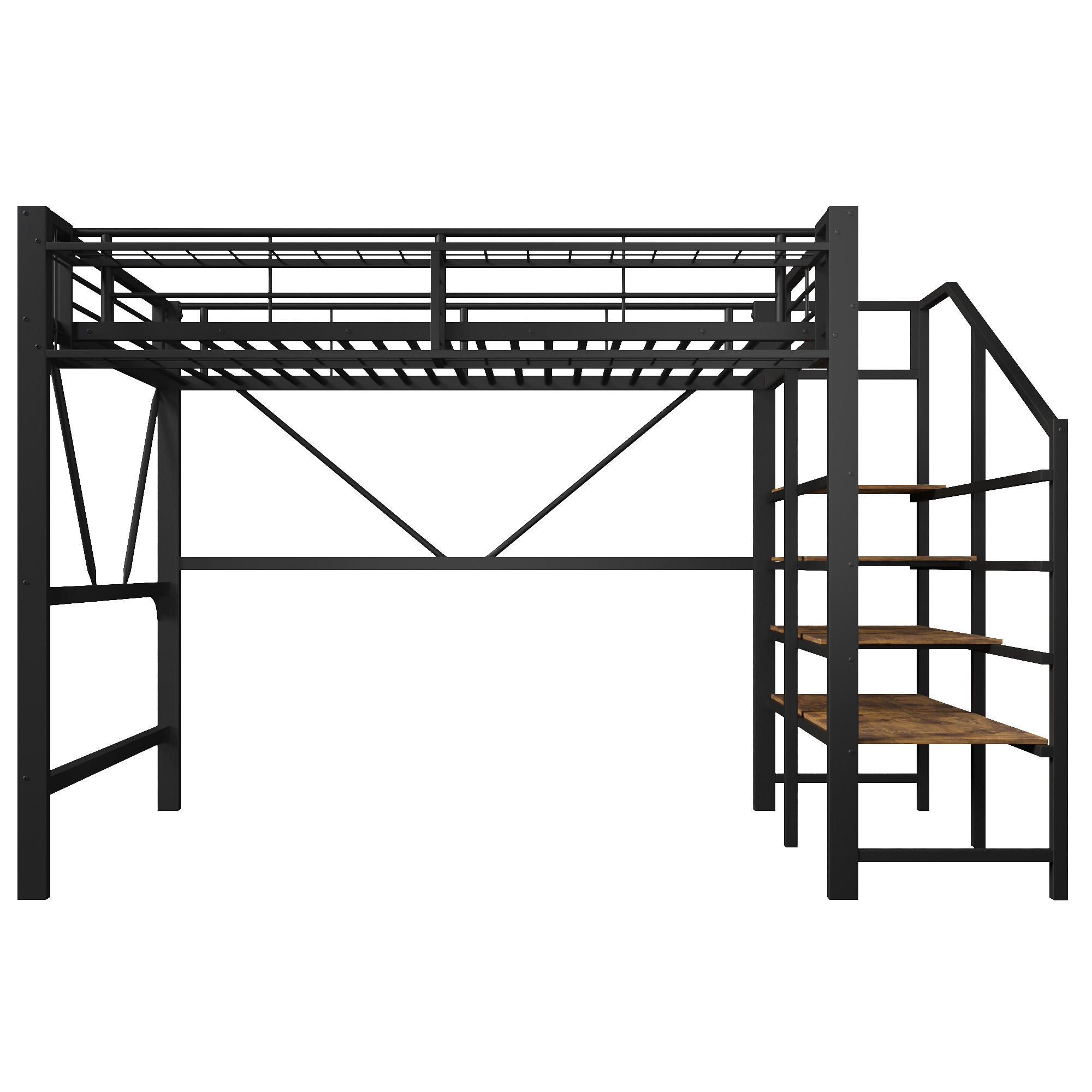 HOCHBETT 140/200 cm mit Metallgestell Schwarz, Stufenregal, Aufbewahrungskorb und LED-Licht - Schwarz, Metall