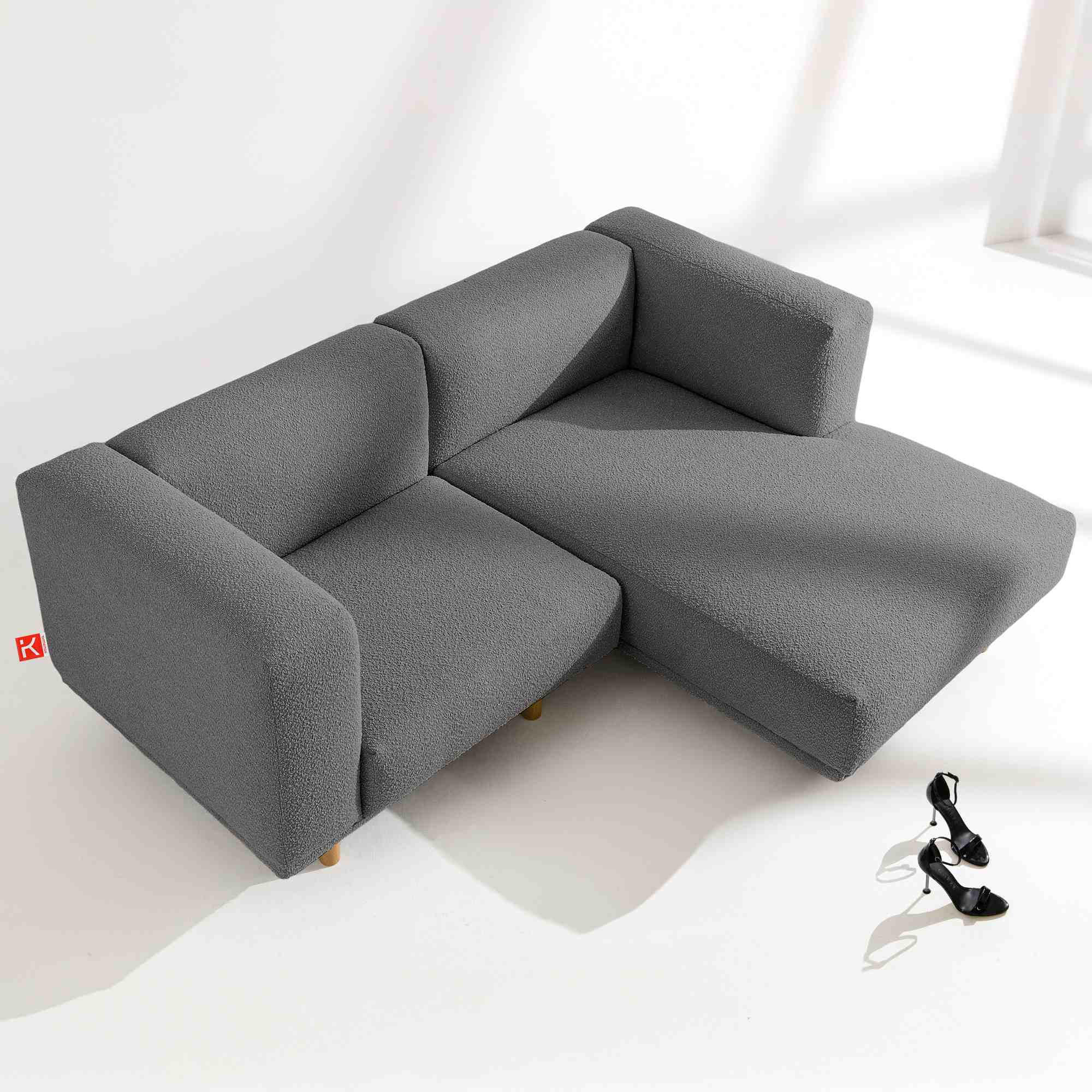 ECKSOFA-RECHTS FOSERO, Bouclé - Dunkelgrau/Buchefarben, Holz/Holzwerkstoff (204/155cm) - KONSIMO®