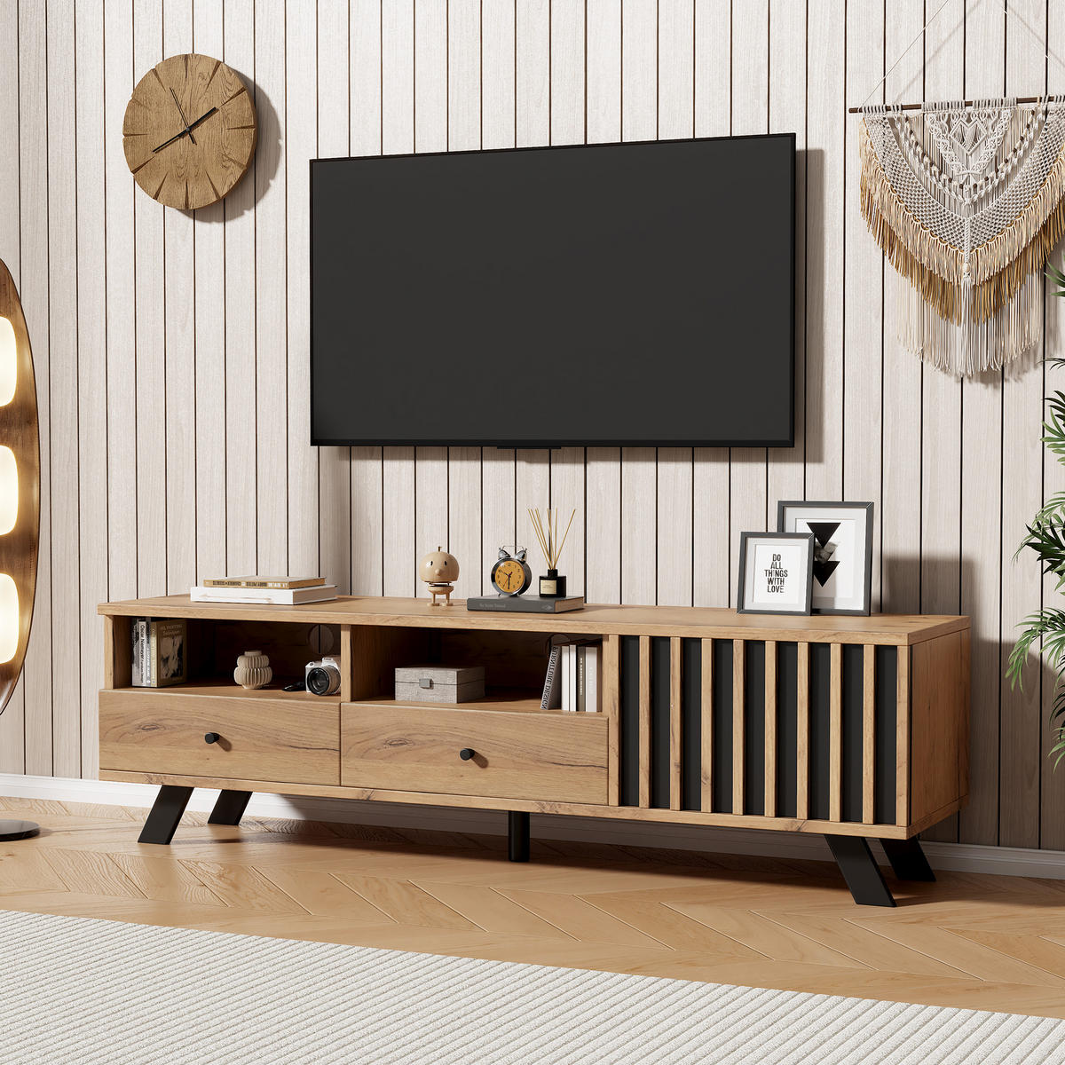 TV-ELEMENT 150/38/44 cm Naturholz mit 2 Schubladen - Naturfarben, Holz (150/44/38cm) - Oxeza