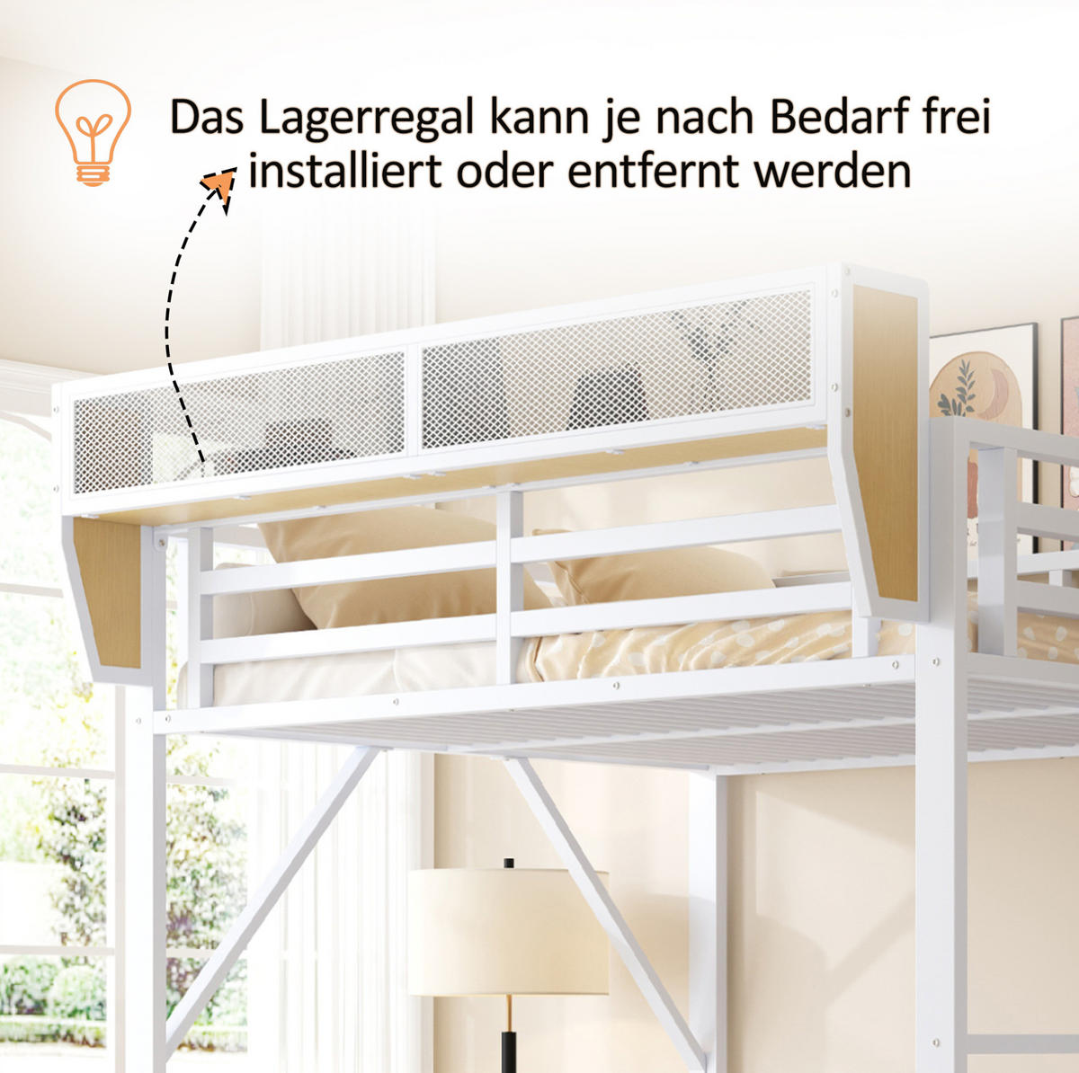 HOCHBETT 140/200 cm mit Schreibtisch, Regal, LED-Beleuchtung und Steckdose, Weiß - Weiß, Holzwerkstoff (140/200cm) - Redom