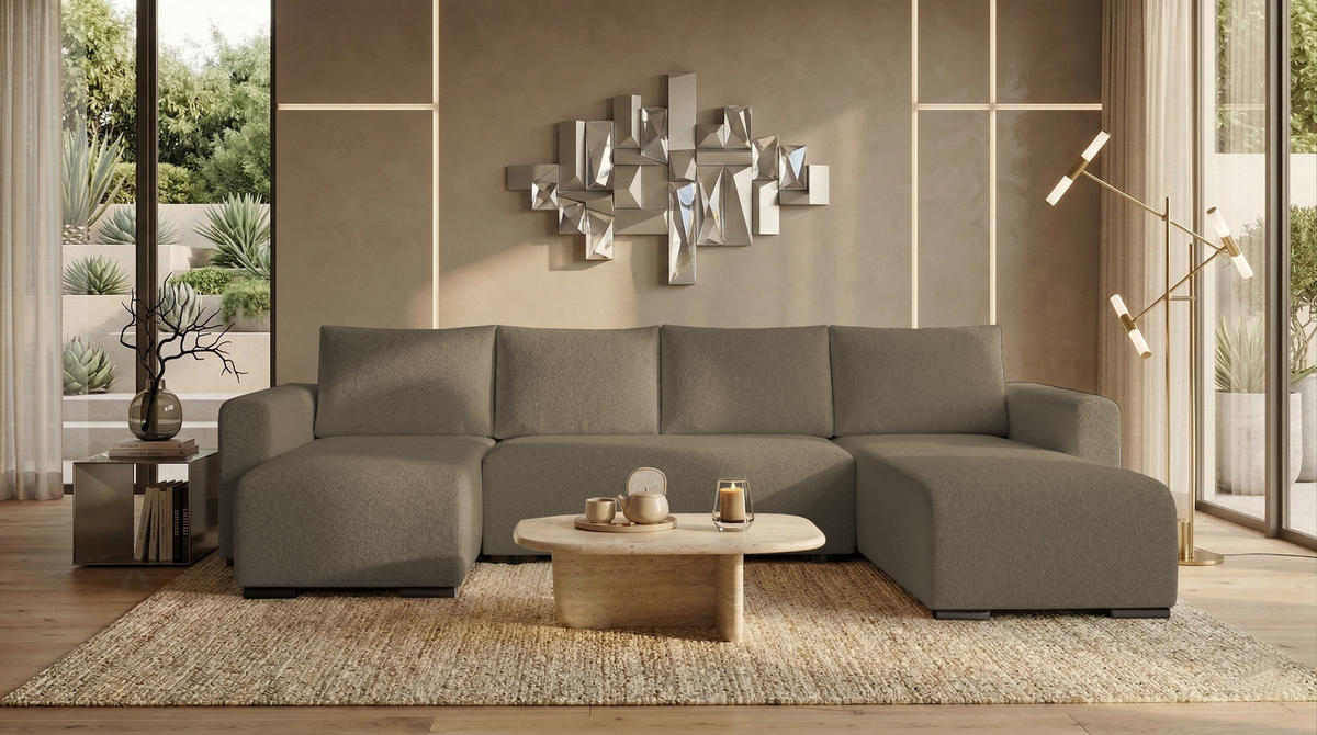 WOHNLANDSCHAFT DORA U mit Bettkasten und Schlaffunktion, U-Form, bequem - Cappuccino, Textil (305/85/140cm) - Storez24