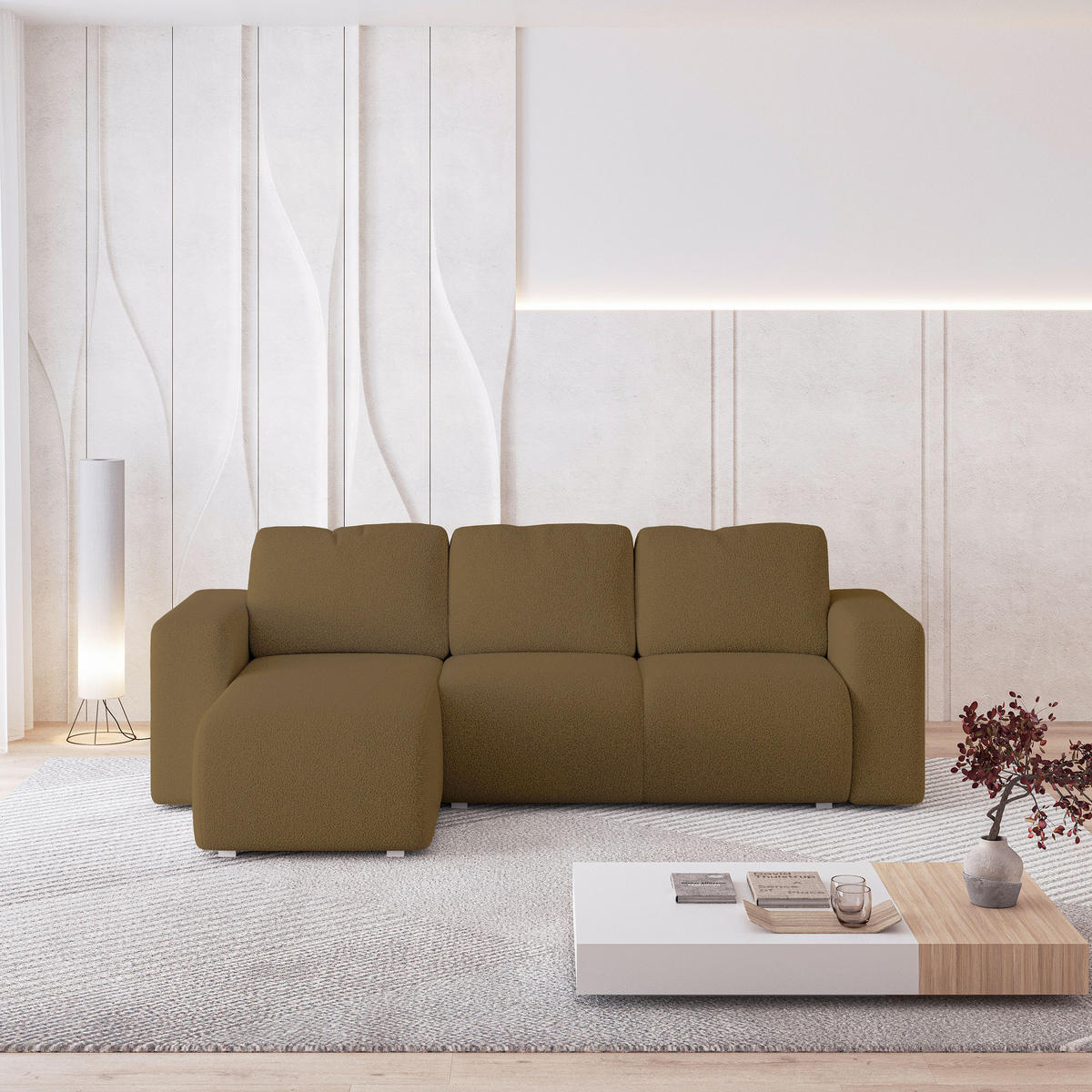 ECKSOFA RINOVA Orange Boucle-Stoff mit Schlaffunktion - Orange, Holz (250/143cm) - MASSENO