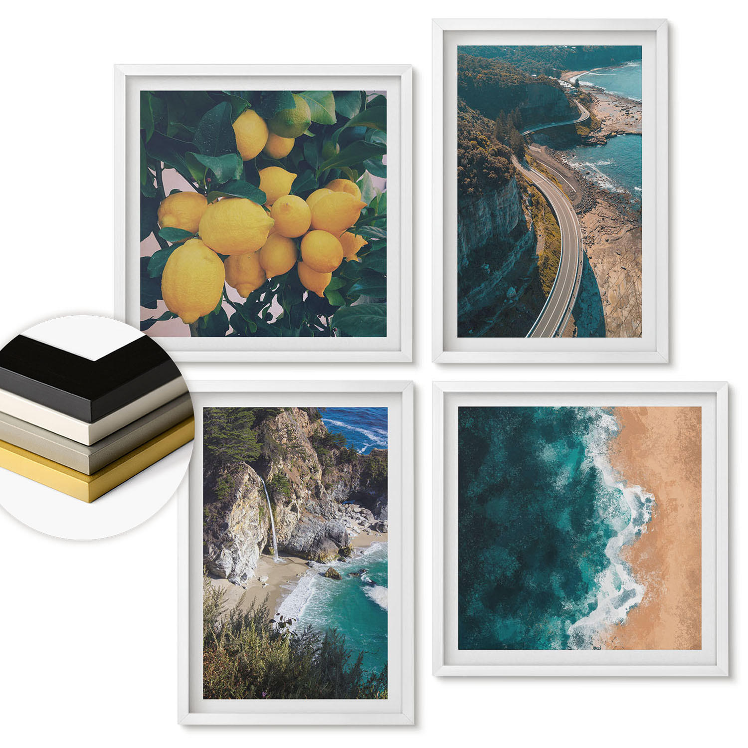 WANDBILDER 4er-Set - 50x50 cm & 40x60 cm Weißer Rahmen - Meerstrand Zitronen Berge - Weiß, Kunststoff (50/50cm) - ArtPrintCave