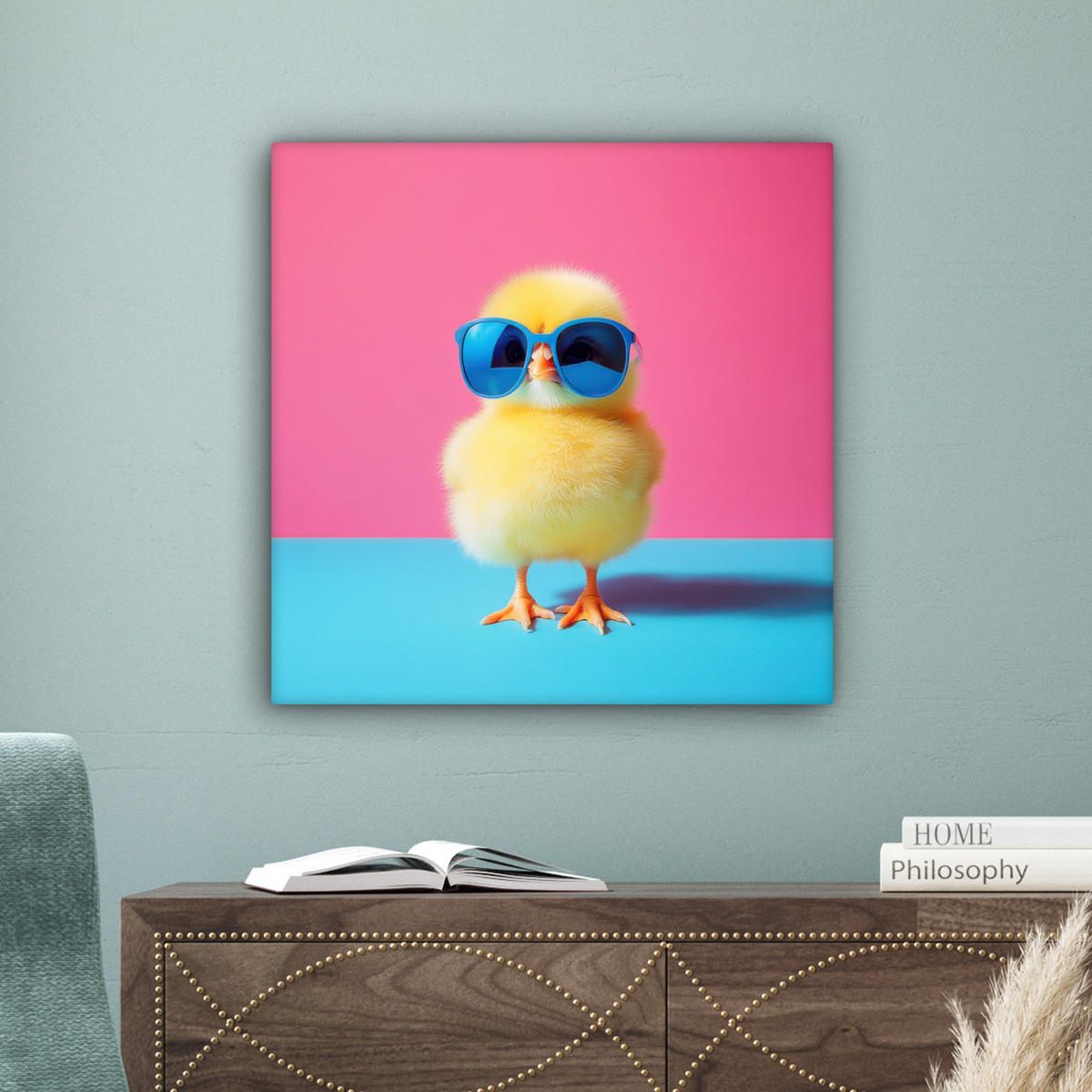 LEINWANDBILD Chick - Sonnenbrille - Blau Wandbild Wohnzimmer 50x50 cm - Pink/Gelb, Textil (50/50cm) - MuchoWow