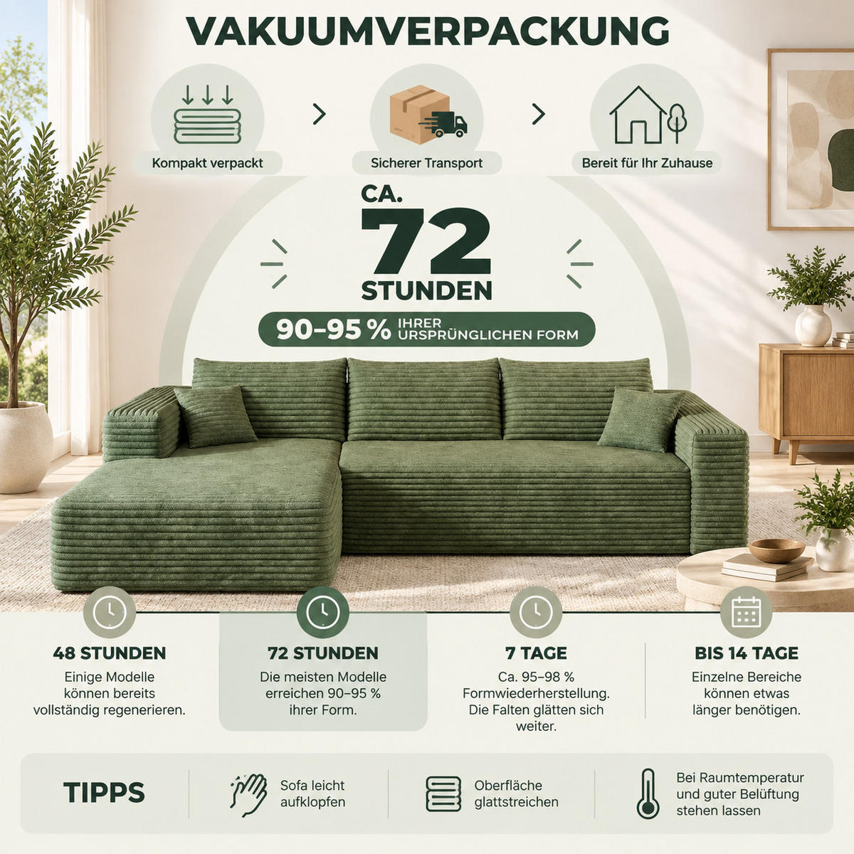 ECKSOFA Cord Grün - Grün, Textil (241/151cm) - WISHDOR