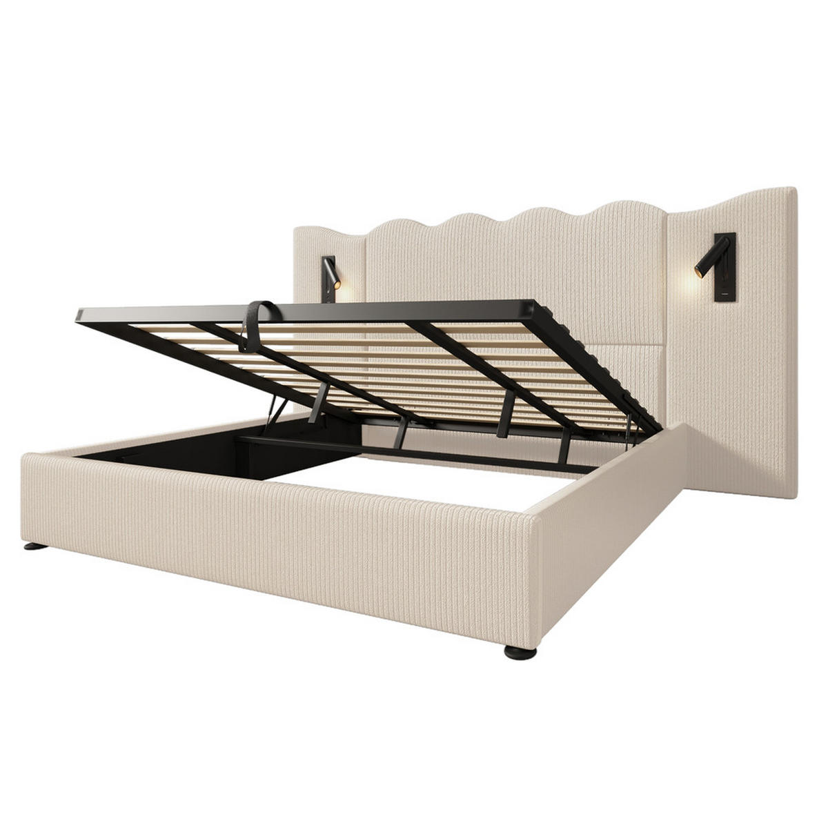 POLSTERBETT 180x200cm Doppelbett Leselampe USB-C Stauraum Beige-Weiß Cord - Beige, Holz - FLIEKS