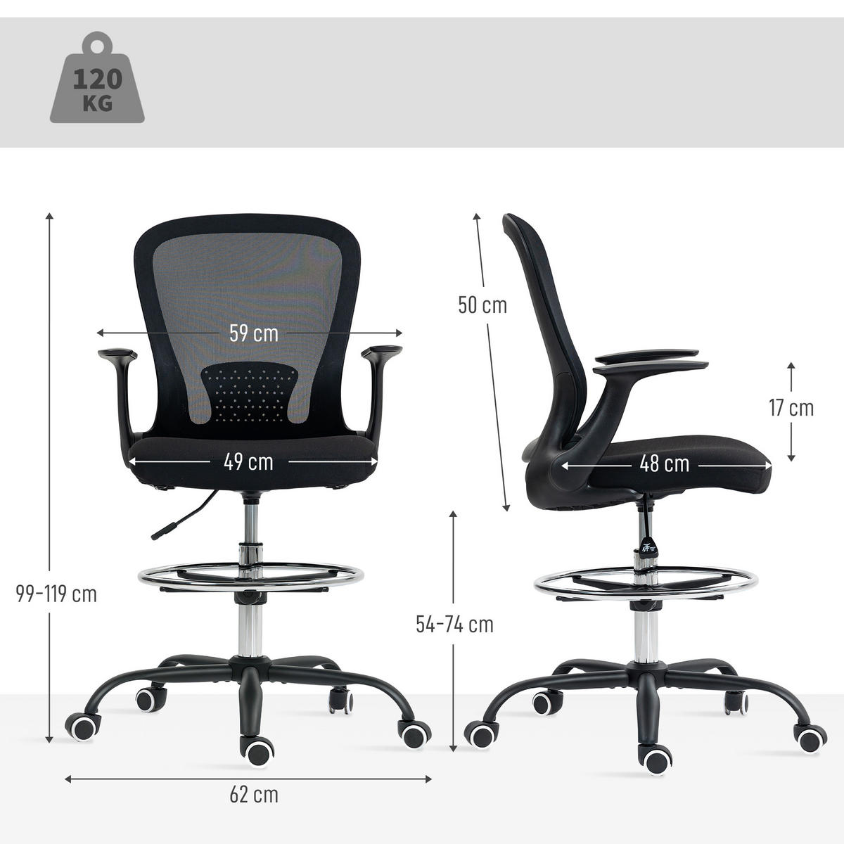 BÜROSTUHL Höhenverstellbar Schreibtischstuhl mit verstellbarer Fußring, Lendenwirbelstütze, 62 x 59 x 119 cm, Schwarz - Schwarz, Textil (59/119/62cm)